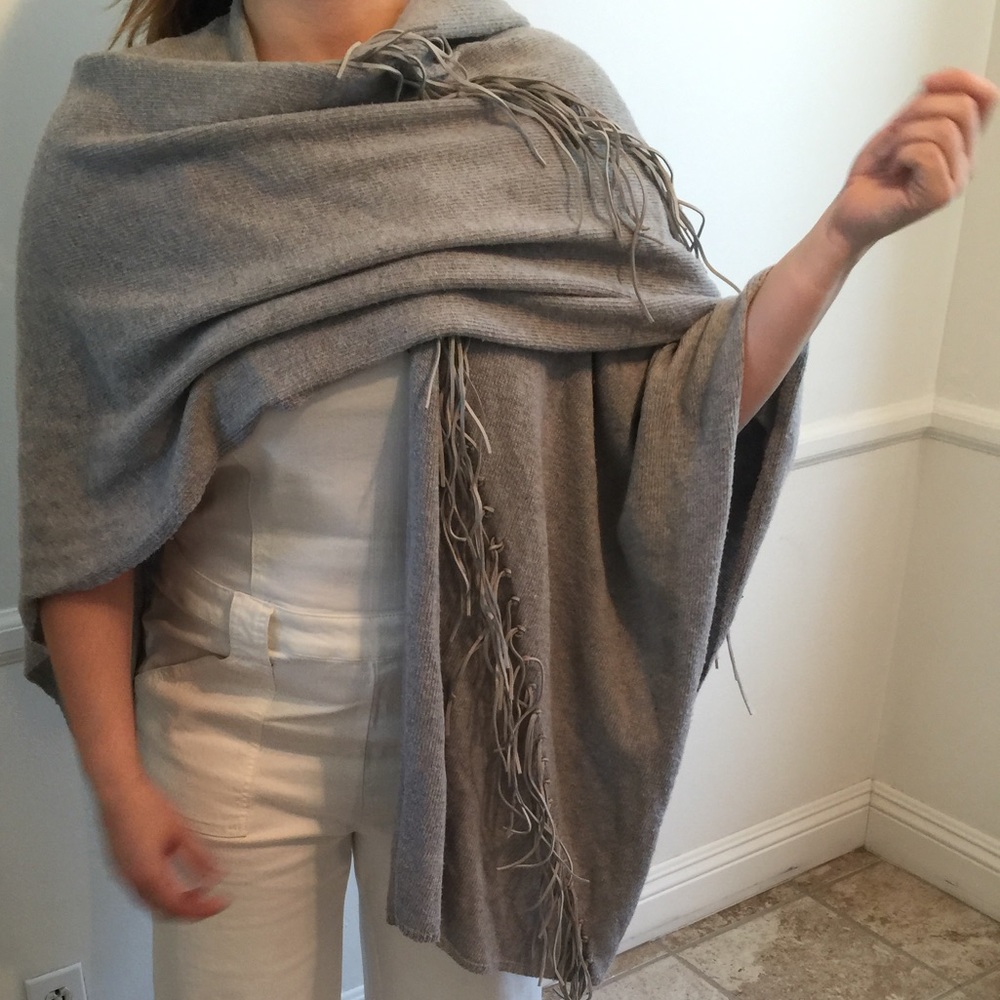 Grey sweater wrap with leather fringe detail